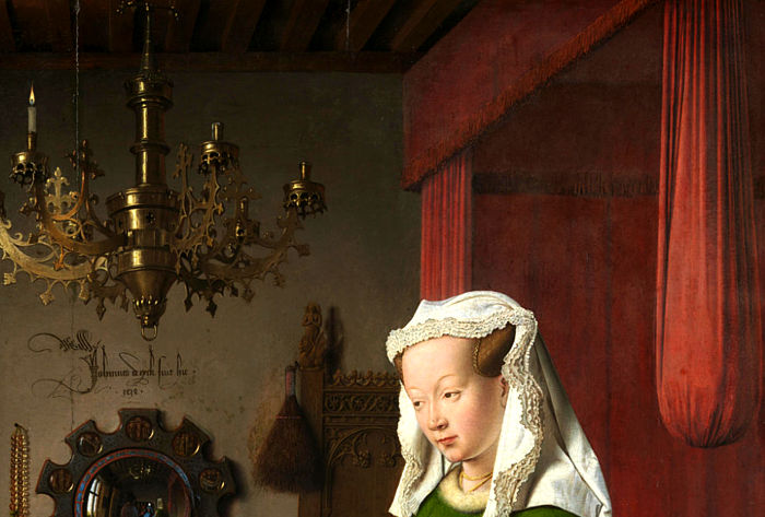 Red slippers at the back of The Arnolfini Portrait